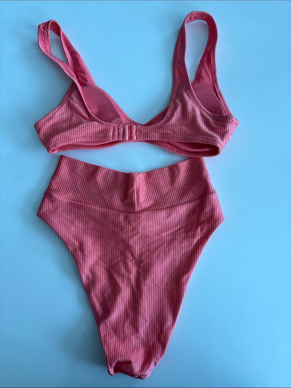 aerie Ribbed High-Waist Bikini Set in Coral Pink - Picture 2 of 4